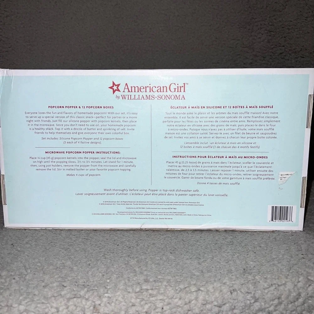 NIB American Girl by Williams-Sonoma Silicone Popcorn Popper 12 Decorative Boxes